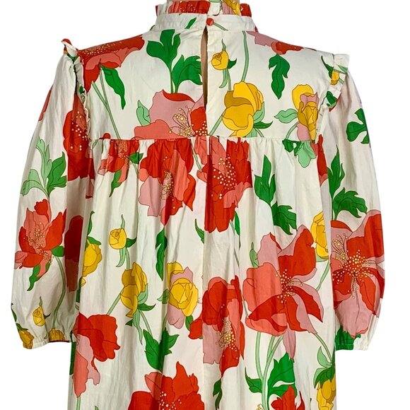 Think Of Me Cottagecore Floral Shift Dress Bodice Ruffled Collar Puff Sleeves L - Picture 7 of 10